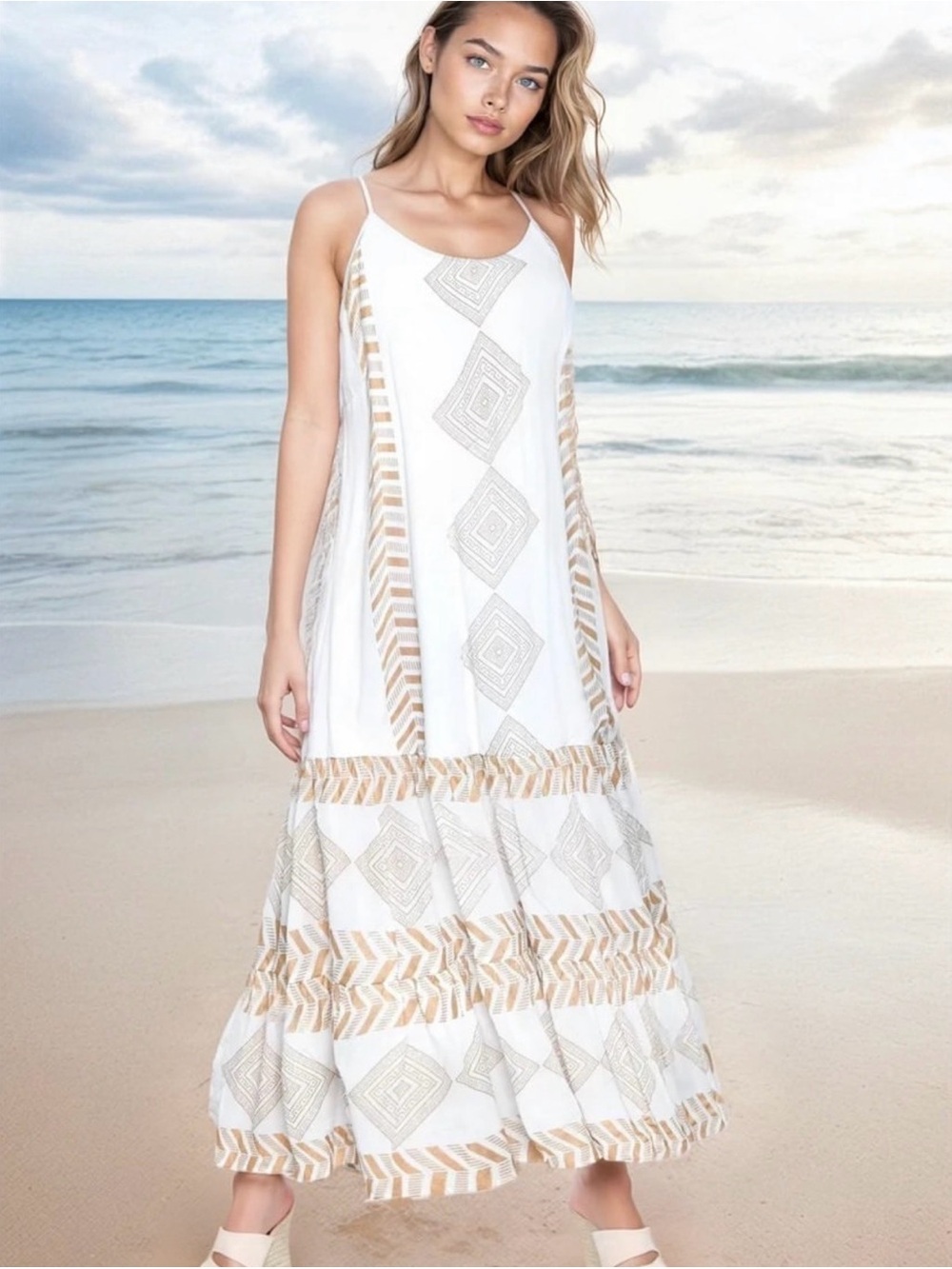 White and Beige Embroidered Maxi Dress - Women's Sleeveless Sundress